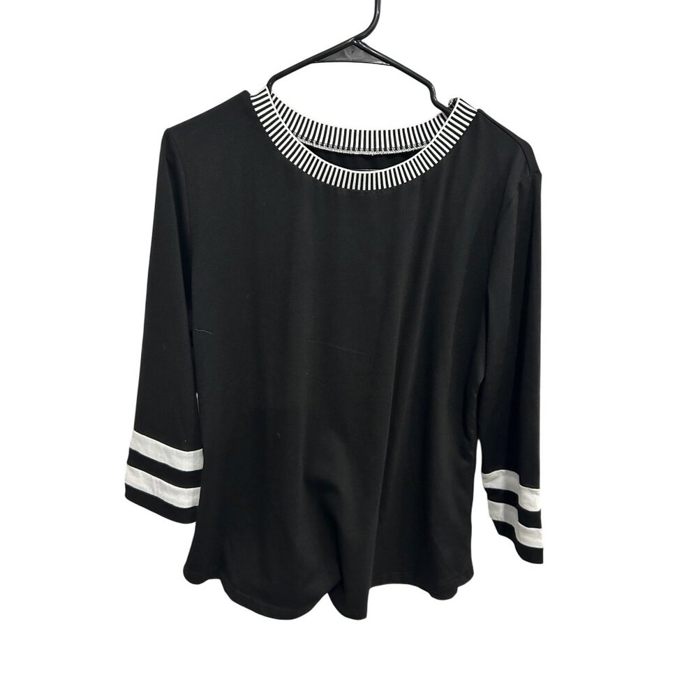 Women's Black Striped Collar & Cuffs 3/4 Sleeve Top Size XL Preppy Classic